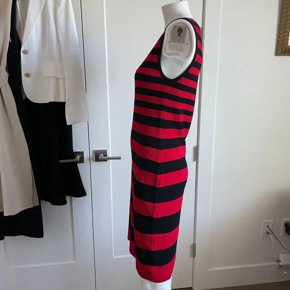 Carmen Marc Valvo Slvless Ribbed Rayon Nylon Knit Striped Dress Red Black Sz M - Picture 4 of 11